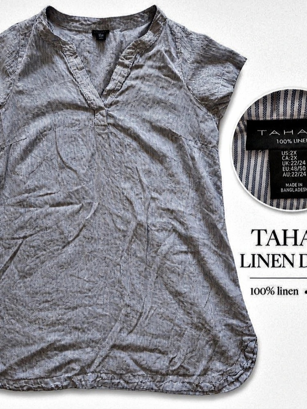 Tahari Linen Dress Striped Linen Tunic in Gray & White Size 2X